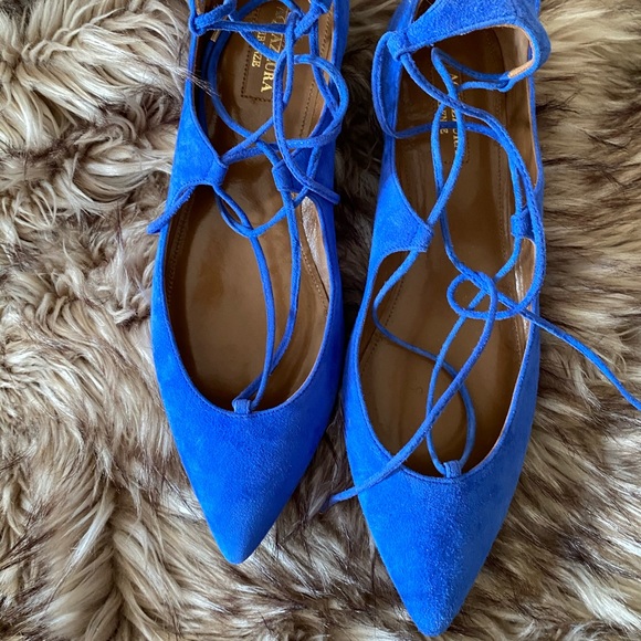 Aquazzura Blue Suede Christy Lace Up Flats - Picture 2 of 3